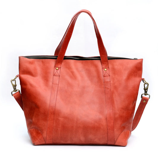 Genuine Leather Two Tone Tote Bag  Tan