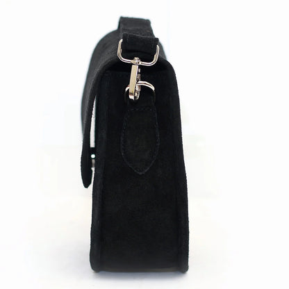Genuine Leather Saddle Bag Black Suede
